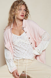POL Openwork Lantern Sleeve Button Down Gauze Shirt OutfitFlow